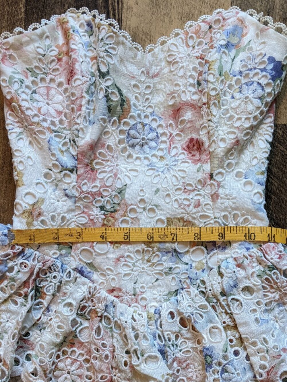 Zimmermann Bowie Ruffle Mini Dress Strapless Floral Linen Broderie Anglaise - Picture 8 of 9